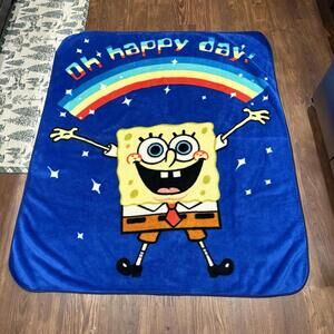 Vintage 90s/00s RARE Oh Happy Day Rainbow SpongeBob Fleece Graphic Blanket 60x50